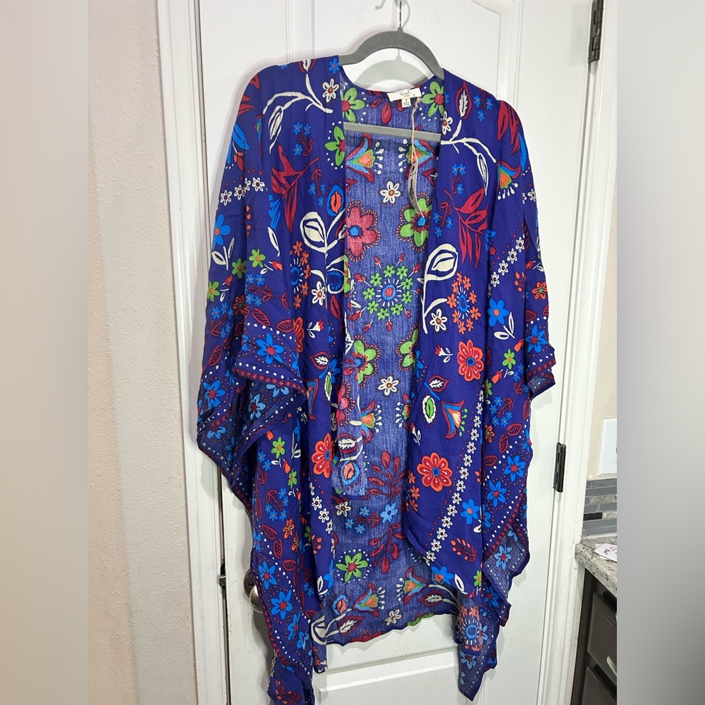 Easel Blue Floral Boho Kimono Sz Small NEW Oversized Summer Western Coverup